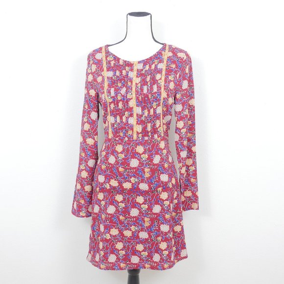 Esley Red Cream Blue Floral Retro Boho Long Sleeve Size Small Dress - Picture 1 of 9